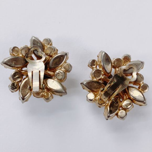VTG 1950s Clip On Earrings AB Rhinestone Moonglow Frosted Glass Floral Jewelry - Picture 7 of 11